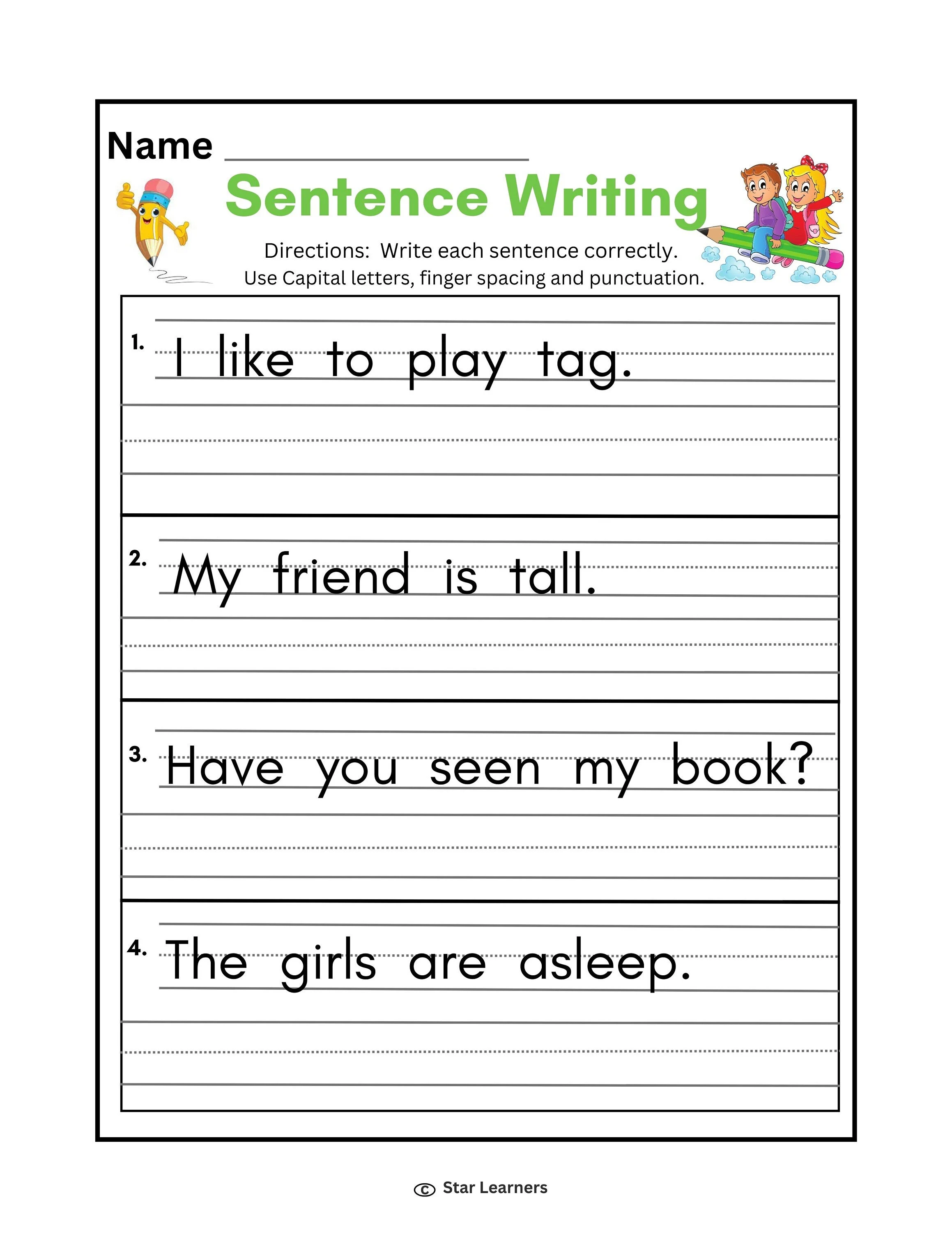 First grade students practice sentence writing by describing their favorite animals on this worksheet