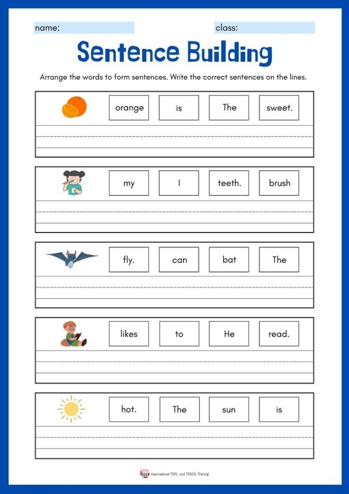 Worksheet for first graders to practice sentence writing about animals