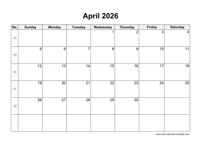 First grade worksheet for practicing how to write days and dates on an April 2026 calendar