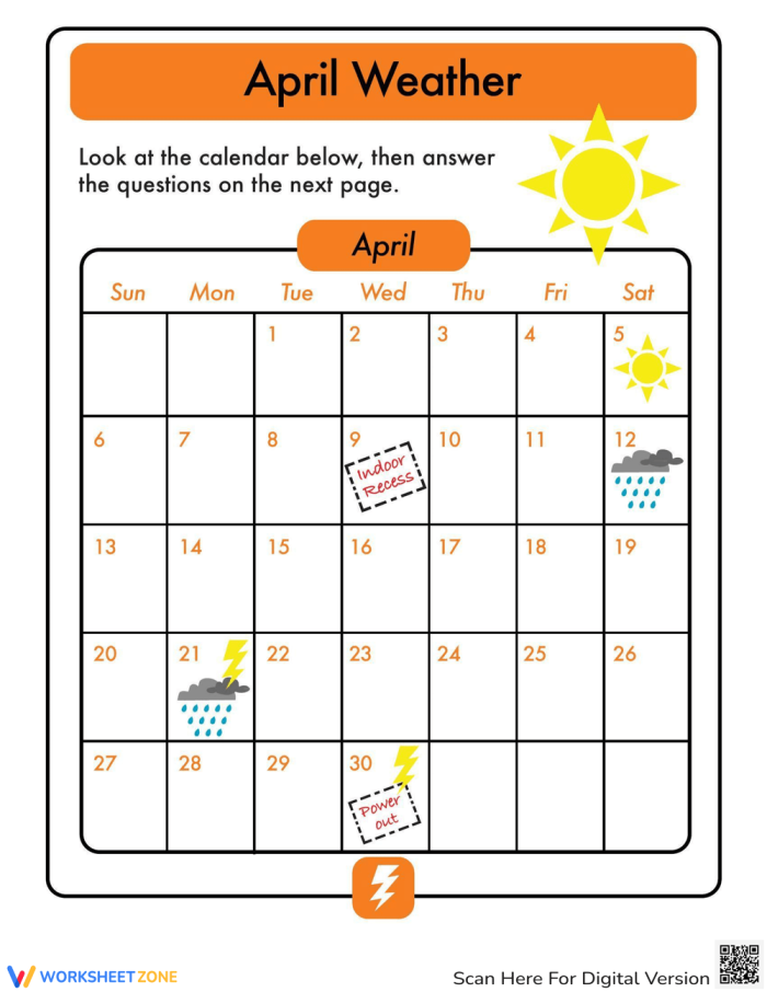 April calendar challenge worksheet for first grade algebra activities Worksheet for teaching first graders about calendar concepts in April