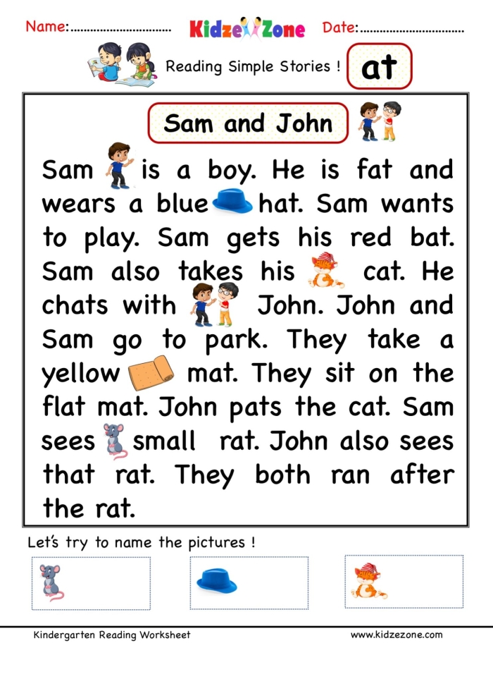 A printable first grade worksheet featuring a fun word family story for the -at letter pattern