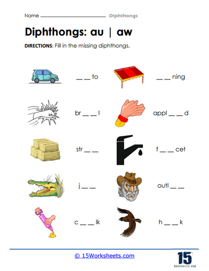 Vowel Diphthong AW Worksheet for First Grade Phonics Practice 5 First grade student completing a worksheet to practice reading and spelling words with the AW vowel diphthong