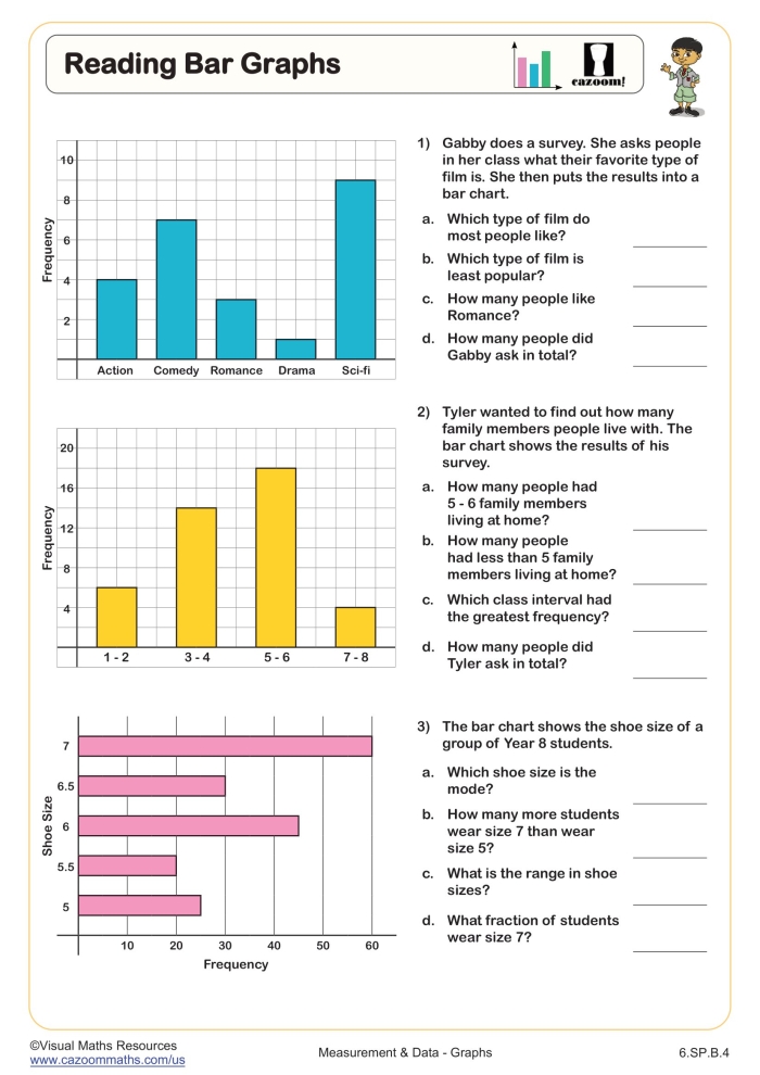 First grade student completing a practice test worksheet on bar graphs and pictograms