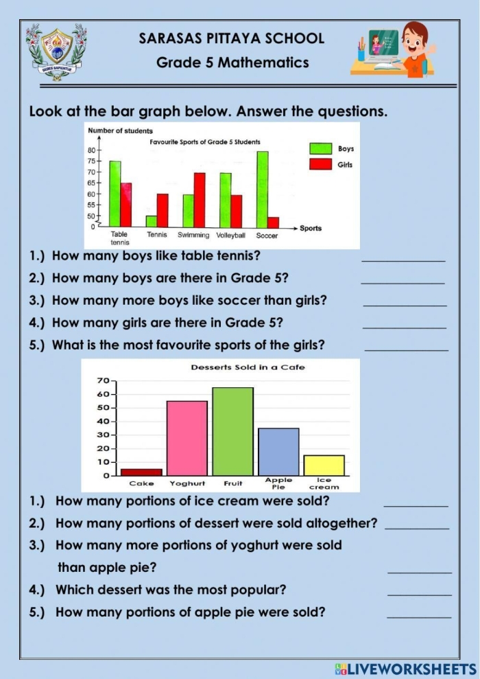 First grade student practicing bar graphs and pictograms on a worksheet