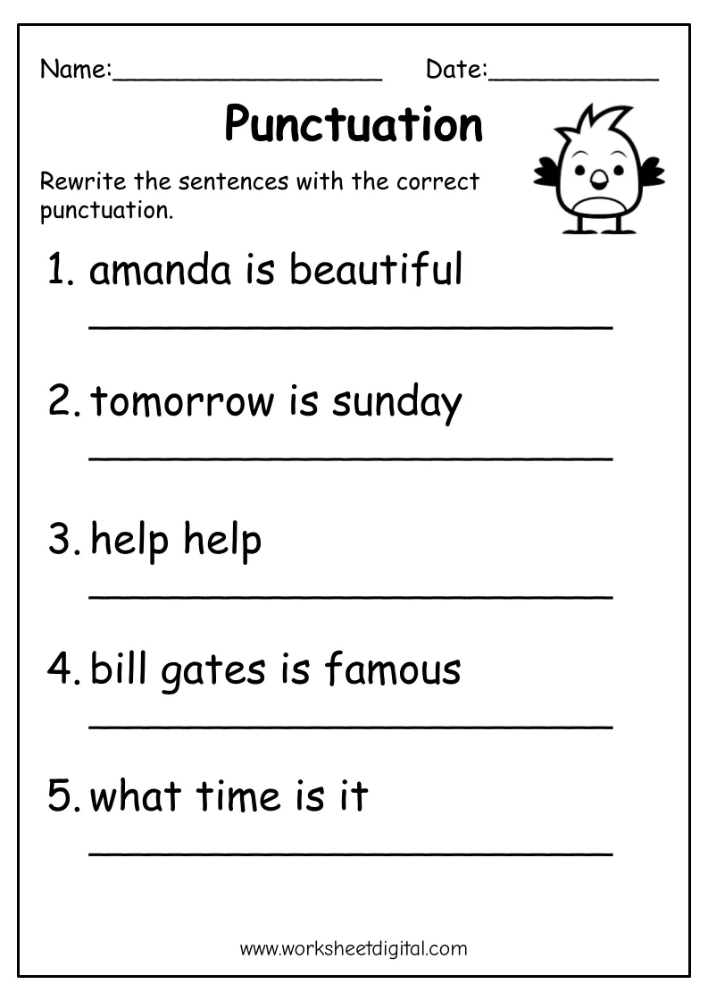 Basic Punctuation Worksheet for First Grade Grammar Practice First grade student worksheet for practicing periods and question marks