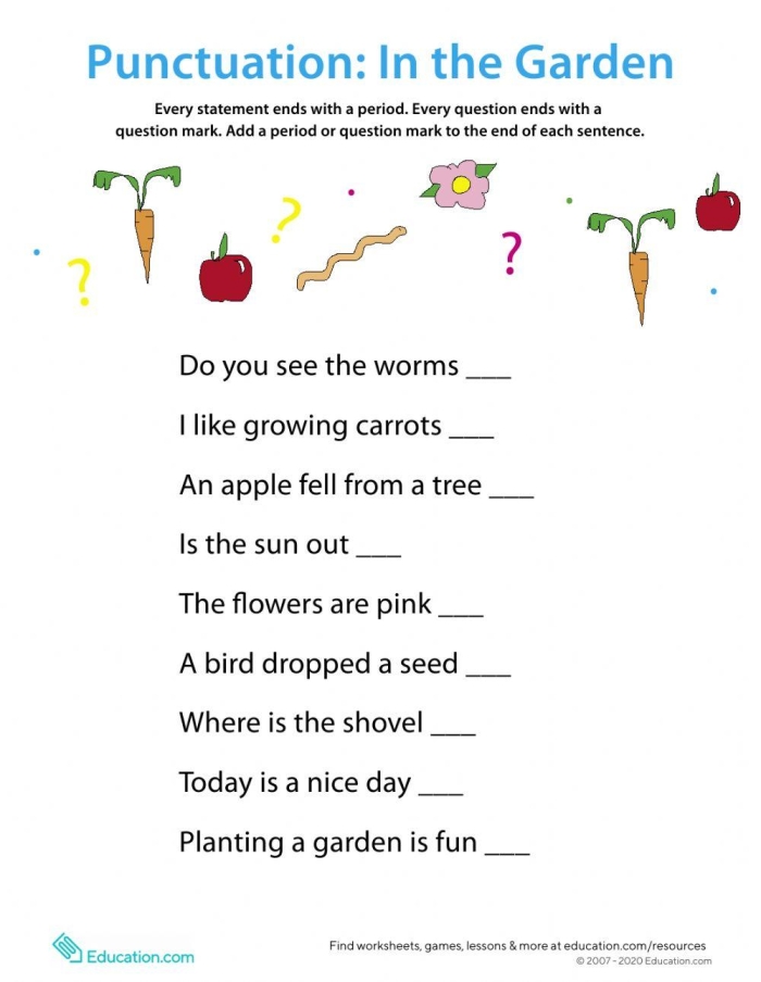 Basic Punctuation Worksheet 22 for First Grade Grammar Practice First grade student worksheet for practicing basic ending punctuation marks