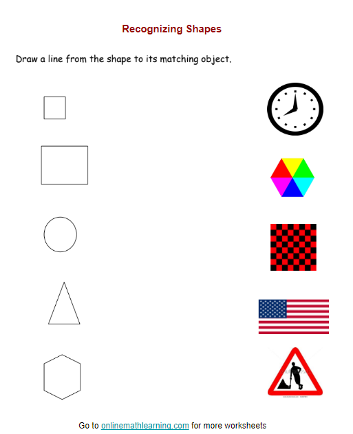 Worksheet featuring basic shapes for first graders to color and sort