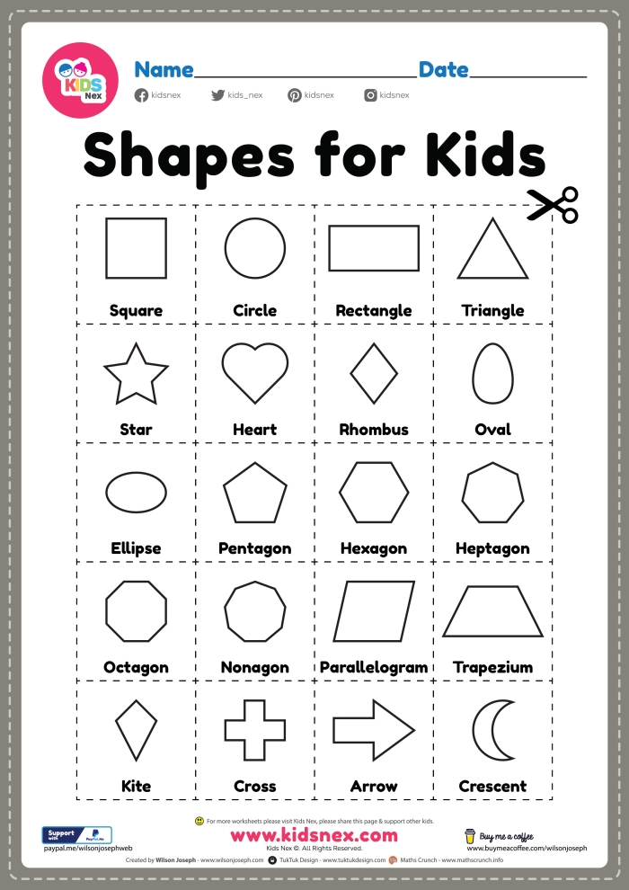 First grade worksheet featuring a variety of basic shapes for students to identify and color