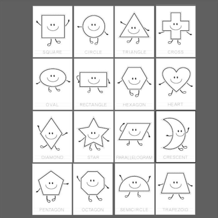 First grade worksheet featuring various basic shapes for children to color and identify