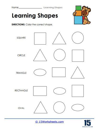 Colorful worksheet featuring basic shapes for first graders