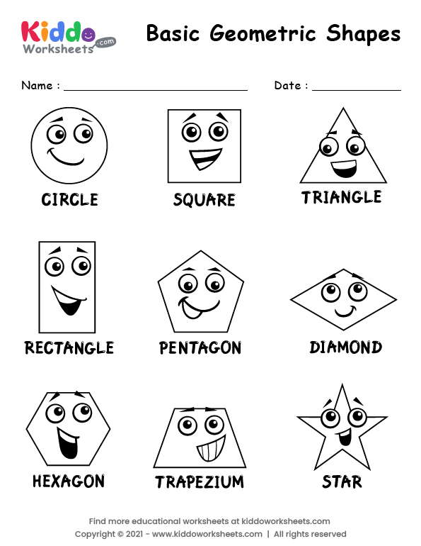 Colorful worksheet featuring basic shapes for first graders