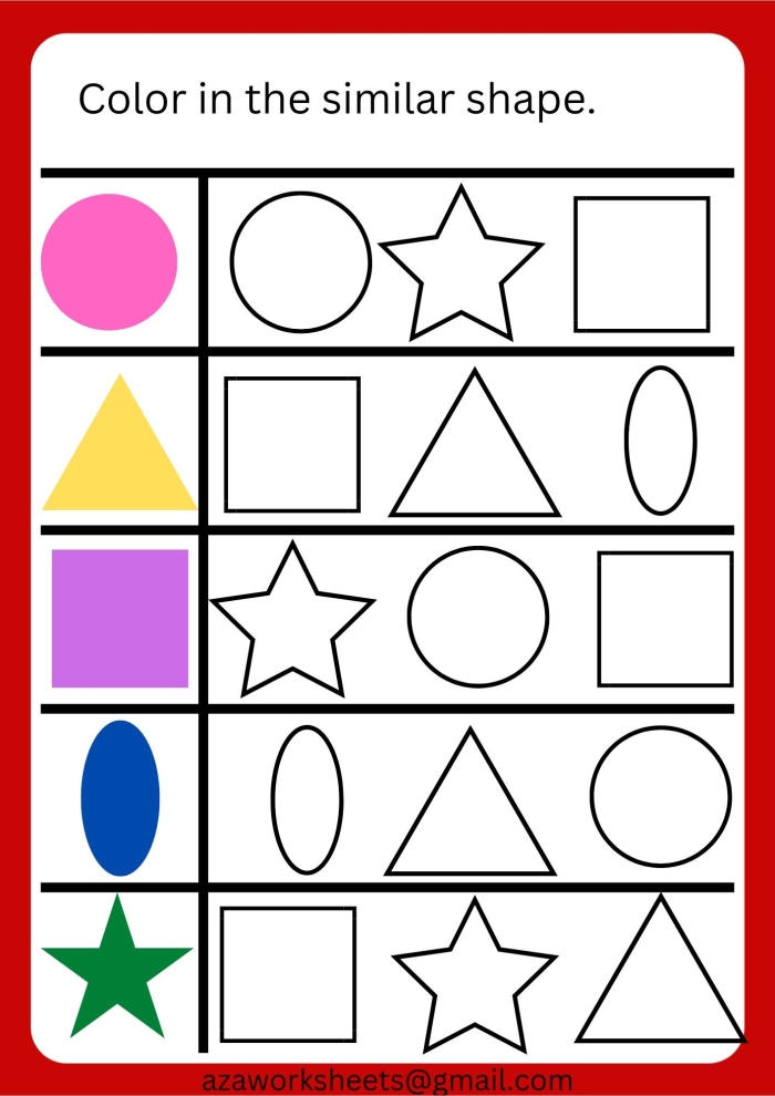 First grade worksheet featuring various basic shapes for students to color and identify
