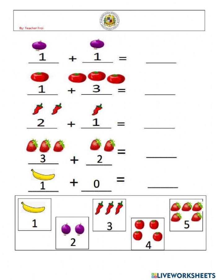 First grade math worksheet featuring addition problems for numbers up to ten