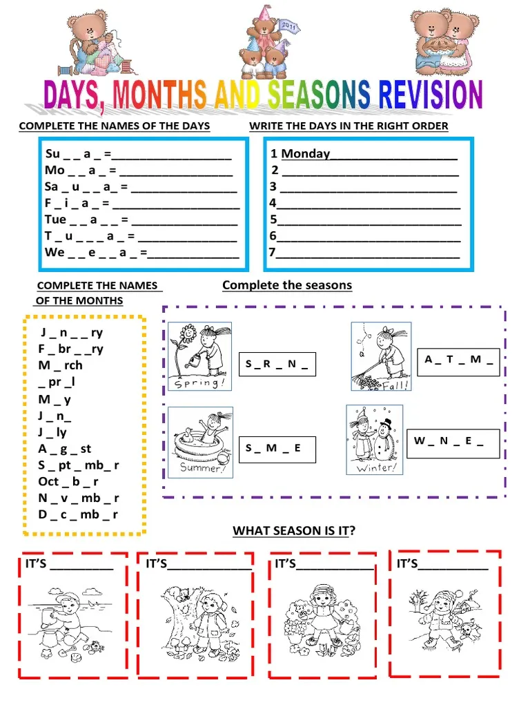 First grade days months and seasons assessment worksheet with calendar and seasonal activities for evaluating student knowledge