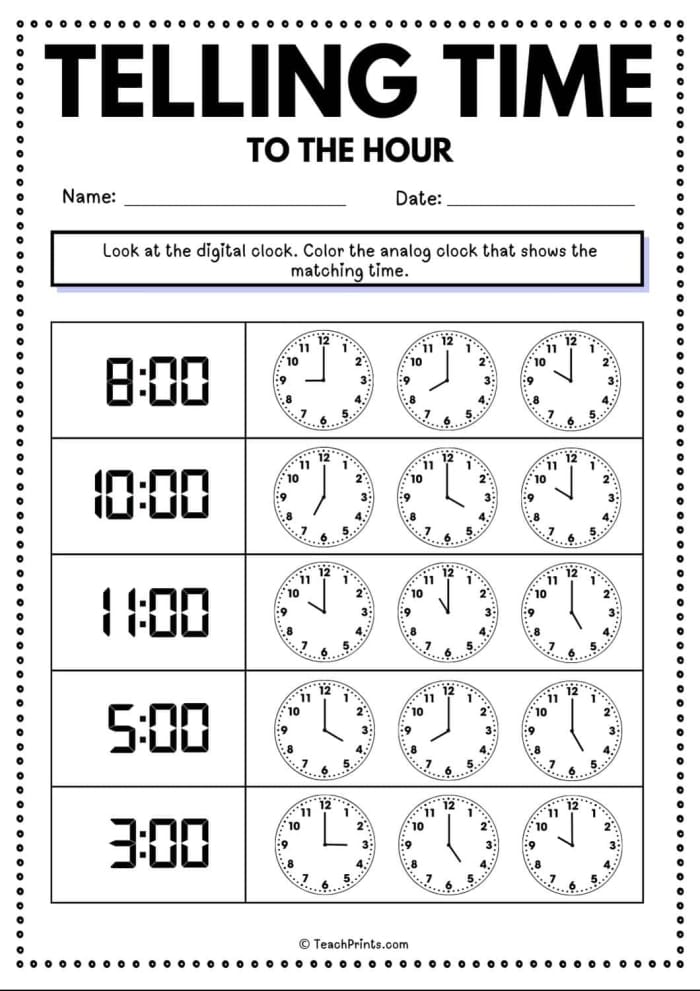 First grade student using a printable worksheet to practice telling time on an analog clock