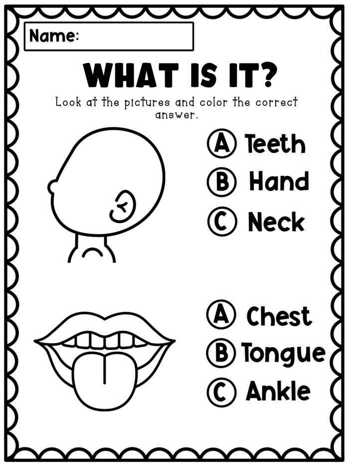 First grade worksheet for identifying and spelling various human body parts