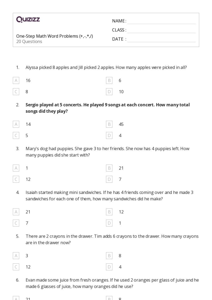 First grade worksheet featuring simple math word problems with burger-themed addition exercises