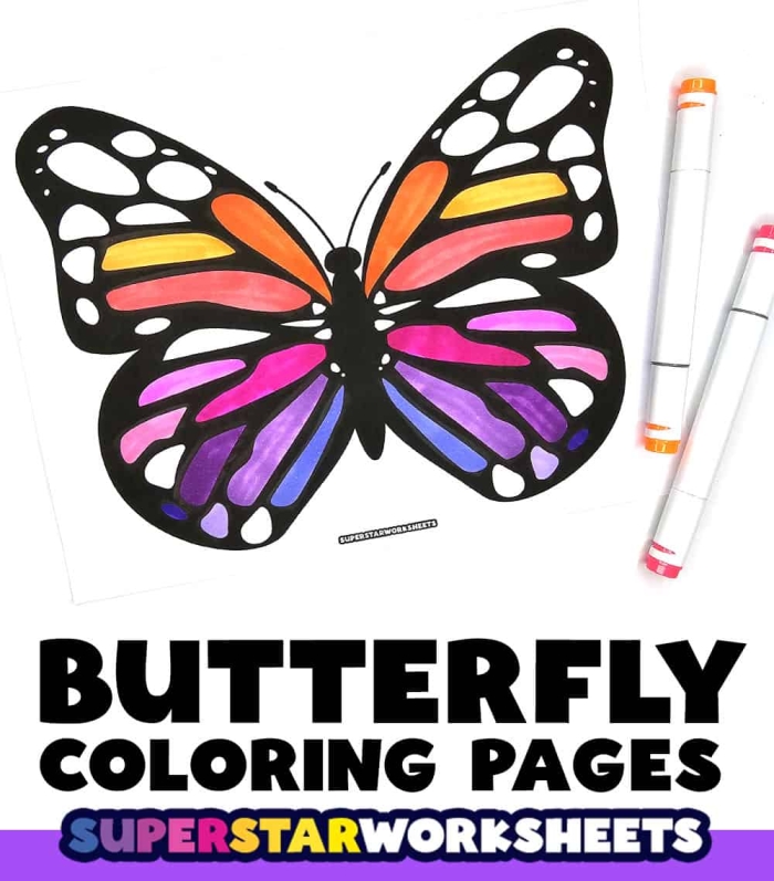 Butterflies Coloring Page Worksheet 1 First grade Earth and Space Science worksheet featuring a detailed butterflies coloring page for creative practice