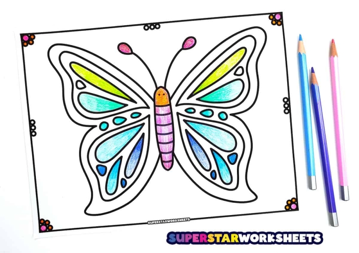 Butterflies Coloring Page for First Grade Science Activity 21 First grade student coloring worksheet featuring a detailed pattern of various butterflies to decorate