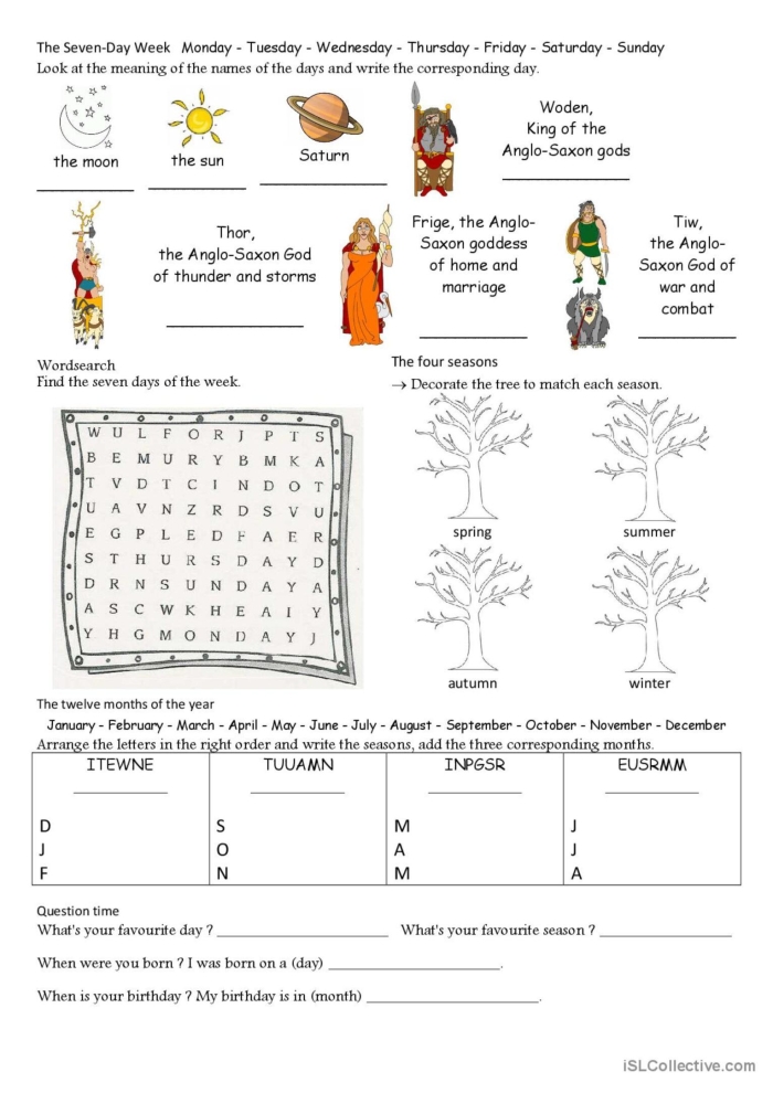First grade worksheet for evaluating student knowledge of calendar days months and yearly seasons