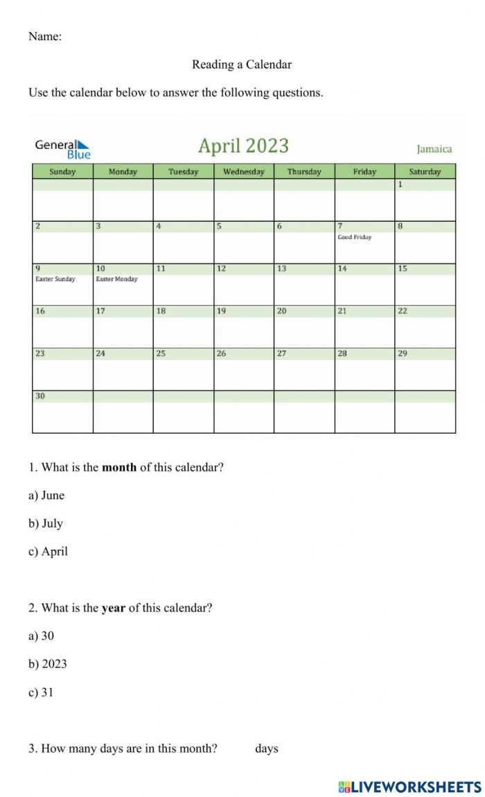 Reading a Calendar worksheet for first grade science students A first grade student filling out a calendar worksheet with six practice questions