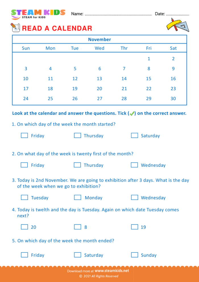 Reading a Calendar Worksheet for First Grade Science Exercise 13 First grade students identifying dates and answering questions on a colorful calendar worksheet