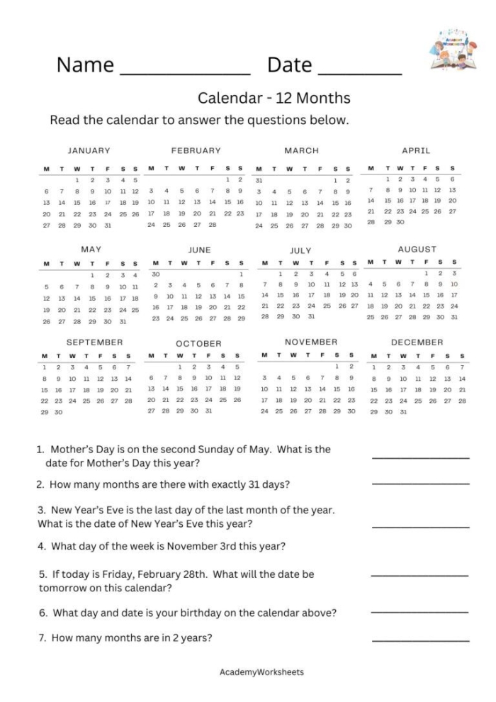 Engaging calendar activity for young learners to answer questions and enhance skills Colorful worksheet designed for first graders to learn about reading a calendar