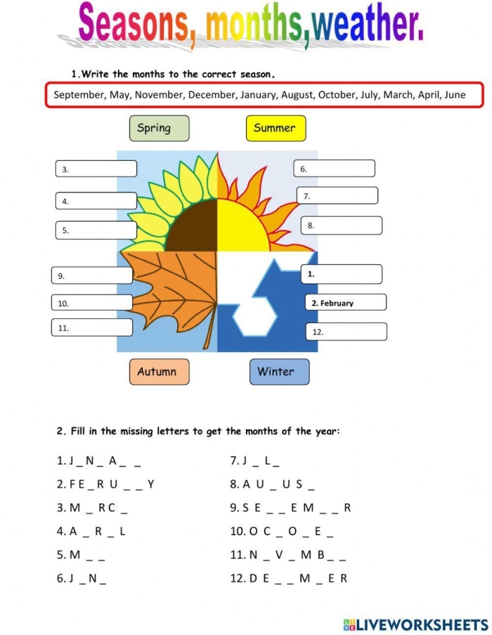First grade worksheet showing days of the week, months, and seasons assessment activities with fill-in-the-blank questions