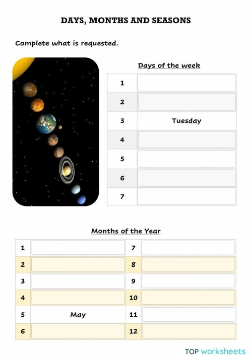 First grade worksheet for practicing days of the week months of the year and seasons