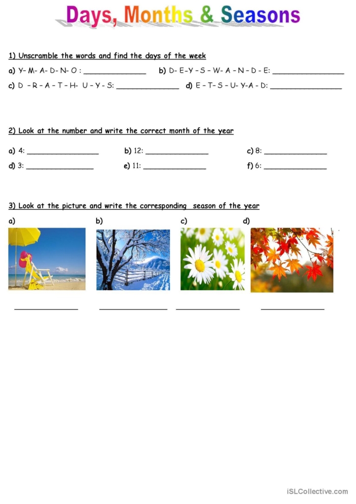 First grade worksheet showing days of the week, months, and seasons assessment activities with fill-in-the-blank exercises