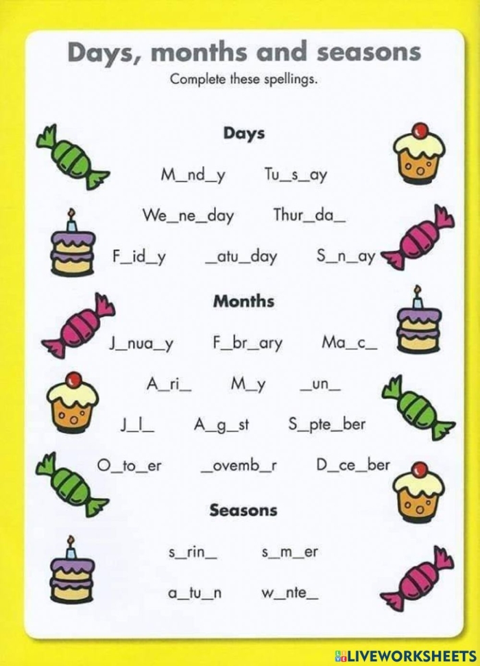 First grade students practicing time concepts on a days months and seasons assessment worksheet 20