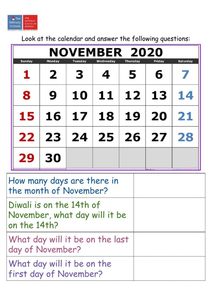 Engaging calendar activity for young learners with six questions to answer Colorful worksheet for first graders to learn about reading a calendar