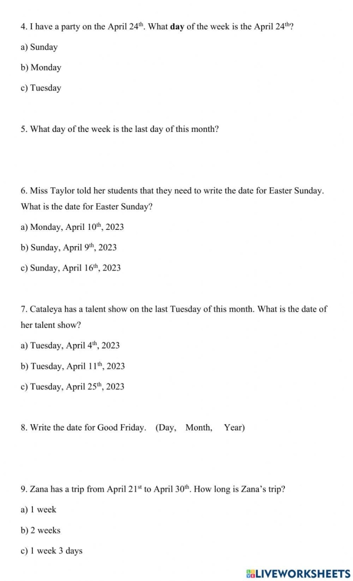Engaging calendar activity for young learners to enhance their understanding of dates and months Colorful worksheet for first graders to practice reading a calendar and answering questions