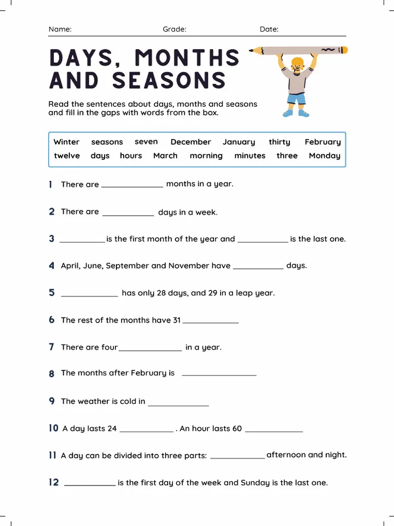 First grade worksheet for testing knowledge of days months and seasons