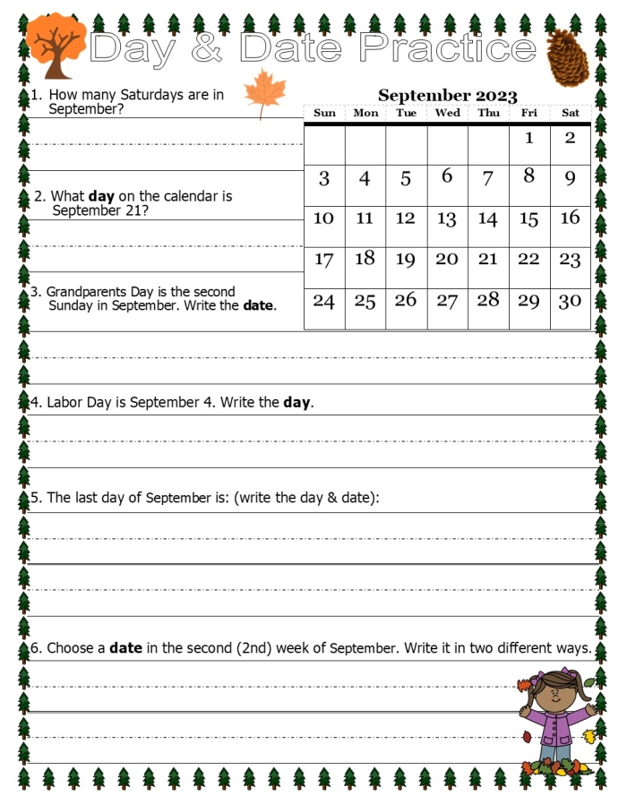 First grade student practicing writing the dates and days of the week on an April 2026 calendar worksheet