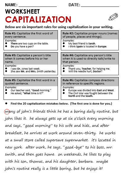 Worksheet for first graders focusing on capitalizing proper nouns with five example sentences. Get into Grammar: Capitalizing Proper Nouns worksheet for handwriting practice.