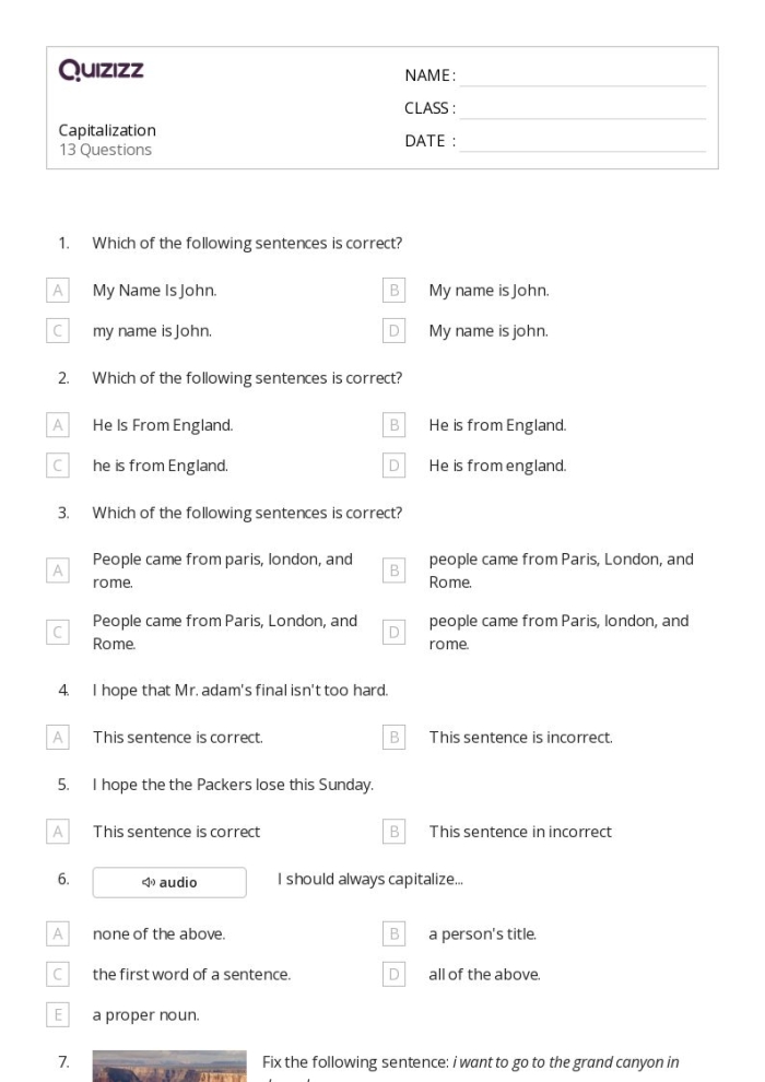 First grade geometry practice capitalization worksheet for sentence building exercises