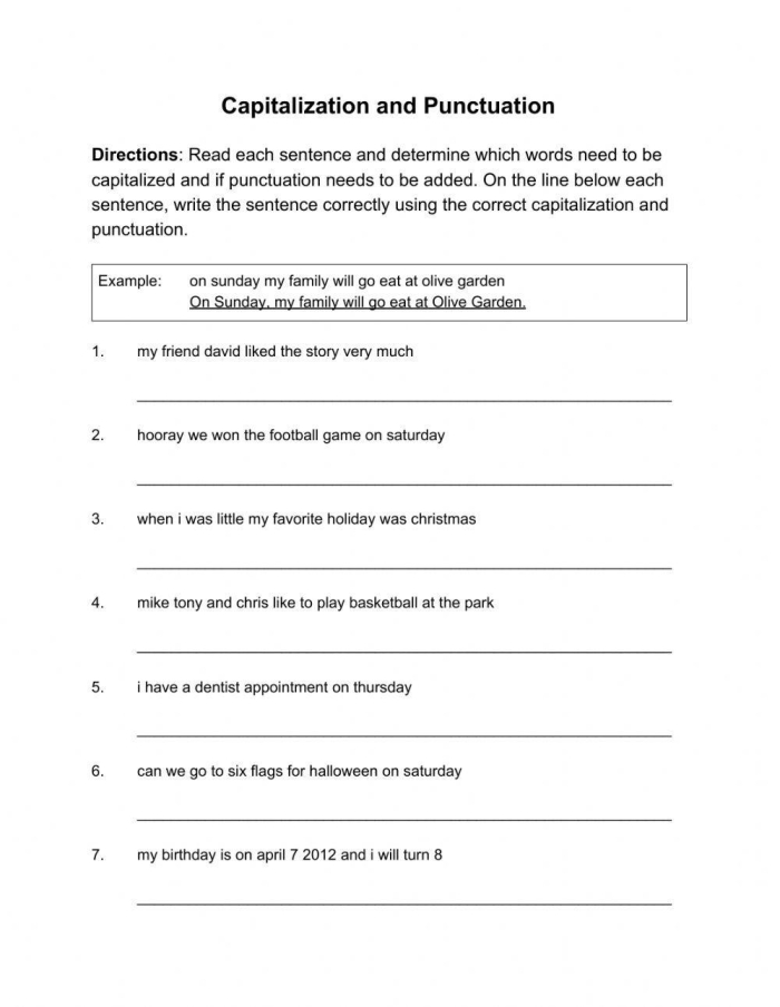 Printable worksheet for first graders focusing on capitalization skills and sentence building. Practice Capitalization worksheet for enhancing writing abilities in young learners.