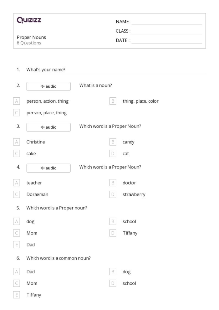 First grade worksheet for practicing capitalization of proper nouns