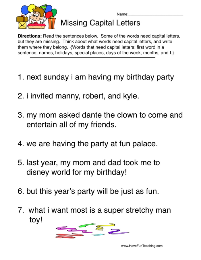 Printable worksheet for first graders focusing on practicing capitalization in sentence building