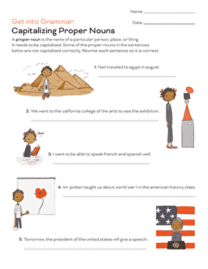Worksheet for first graders focusing on capitalizing proper nouns in sentences