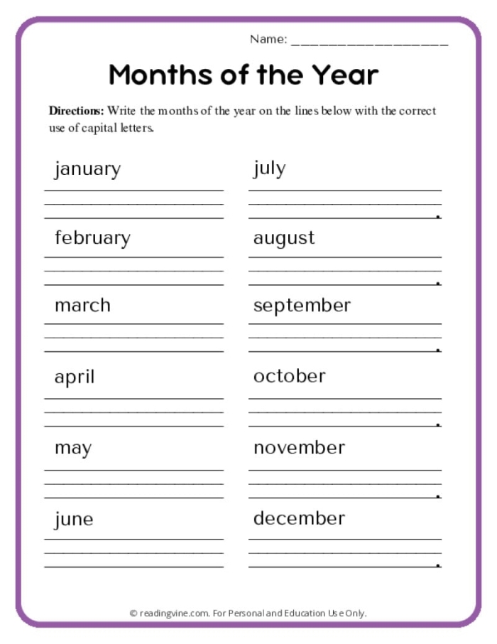 Printable worksheet for first graders focusing on capitalization skills in sentence building
