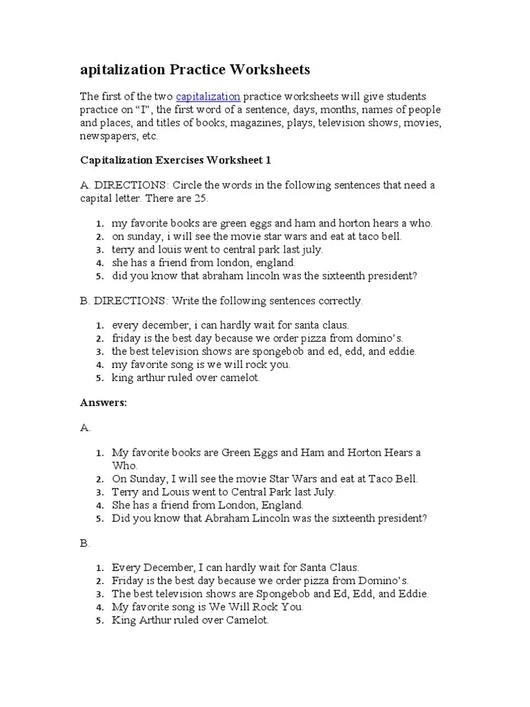 Printable worksheet for first graders focusing on capitalization skills in sentence building