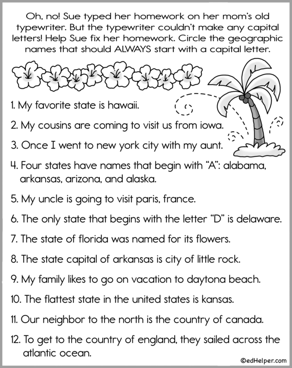 Worksheet for practicing capitalization of proper nouns in first grade handwriting