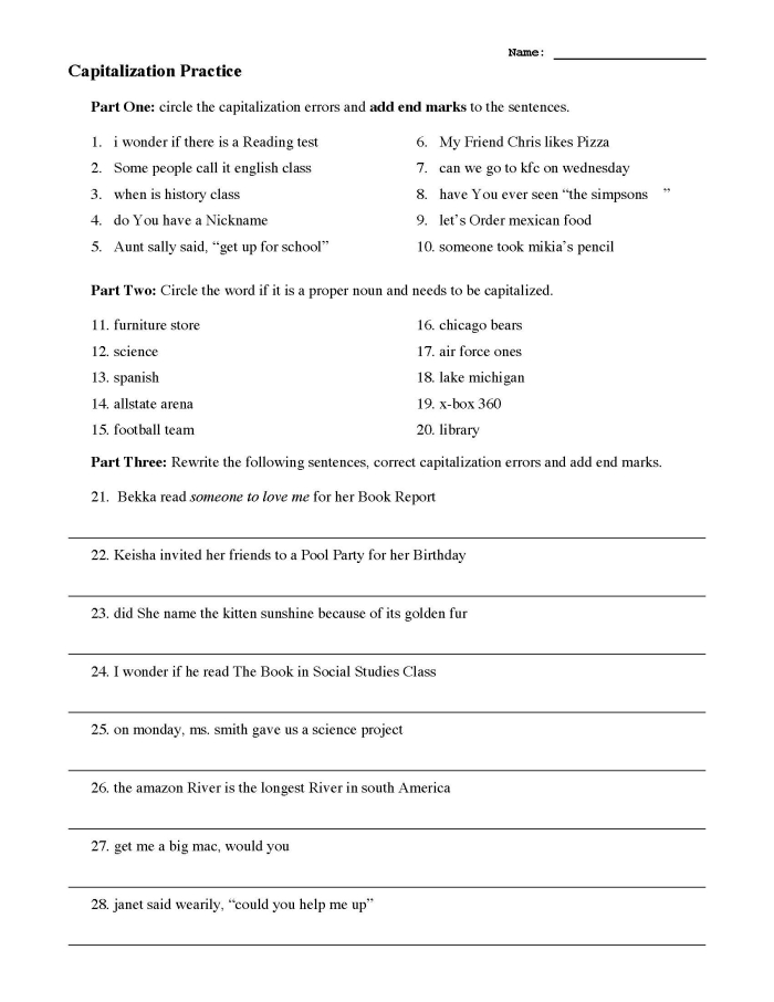Printable worksheet for first graders focusing on capitalization skills in sentence building. Engaging practice activity for young learners to enhance their writing abilities.