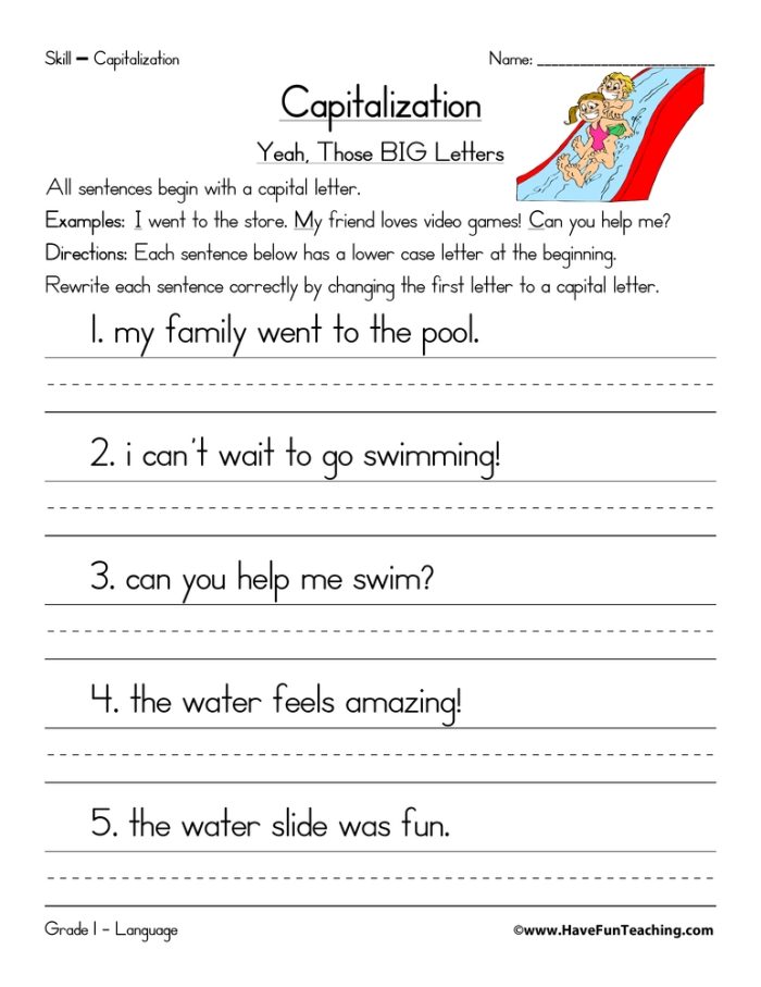 Printable worksheet for first graders to practice capitalization in sentence building