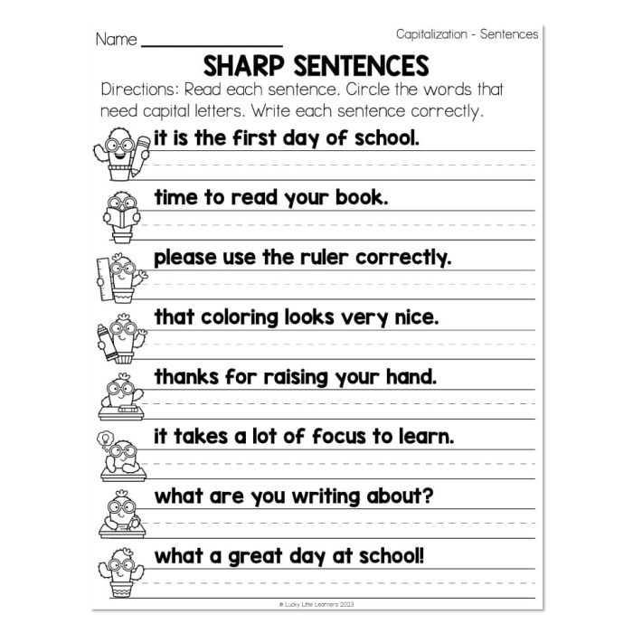 Printable worksheet for first graders focusing on practicing capitalization in sentence building