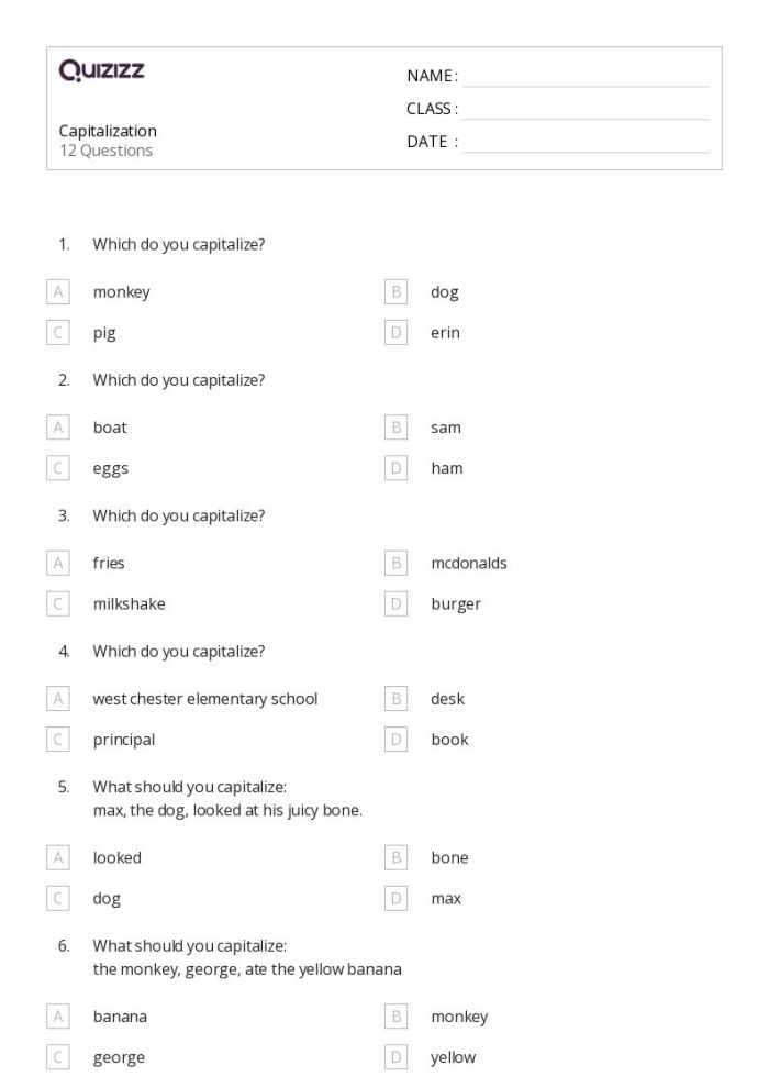 Printable worksheet for first graders focusing on practicing capitalization in sentence building