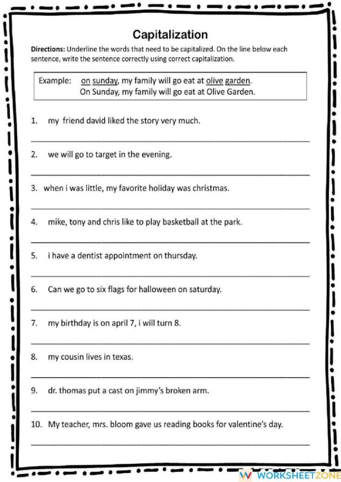 Practice Capitalization worksheet for first graders focusing on sentence building with capital letters