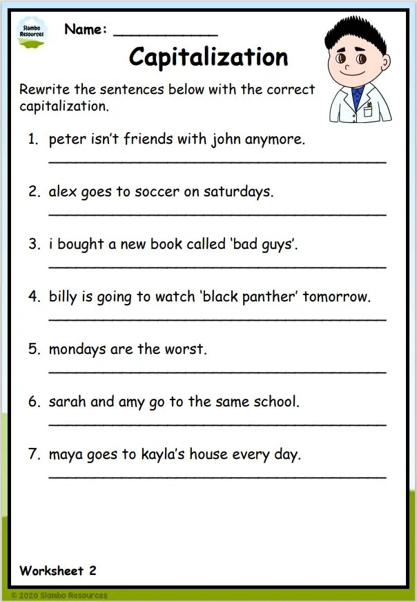 Worksheet for practicing capitalization and punctuation skills in first grade